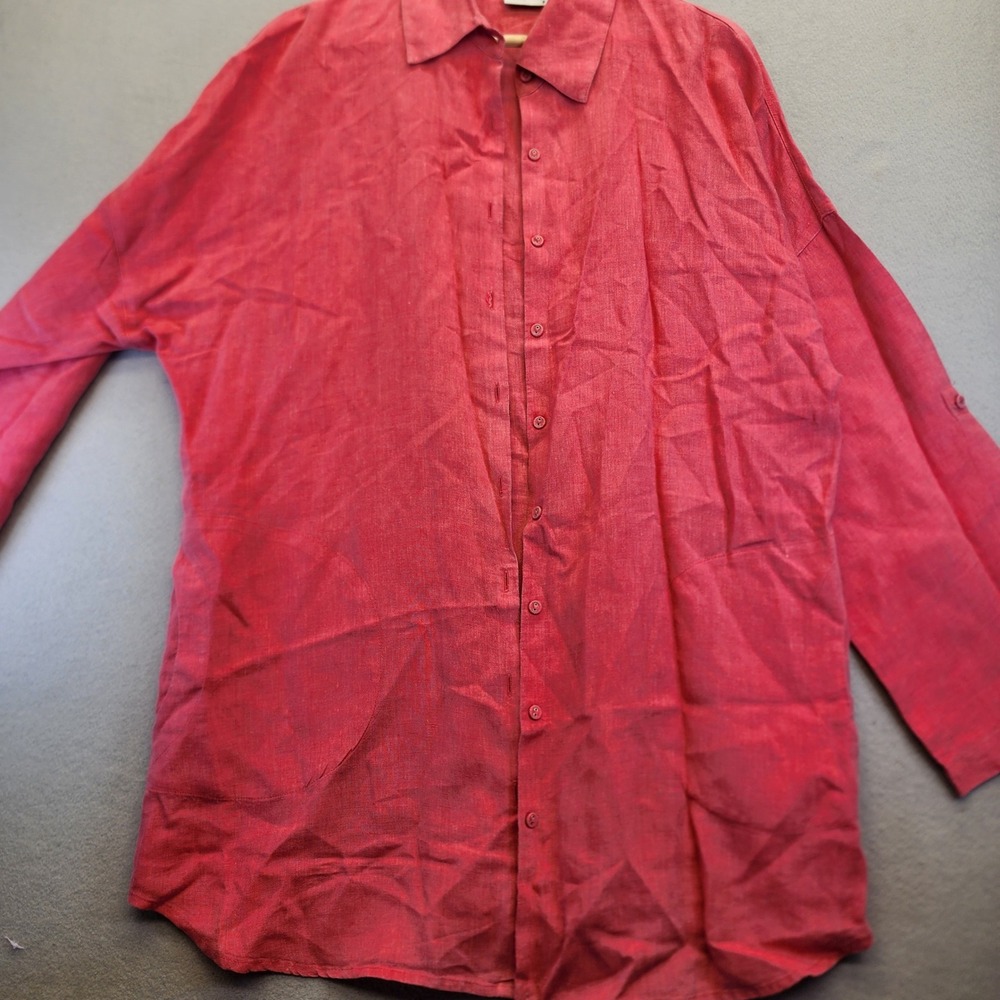 Chicos Linen Button Down Shirt Size 2 Large Pink Red Roll Tab Sleeve Tunic Linen - Picture 8 of 13